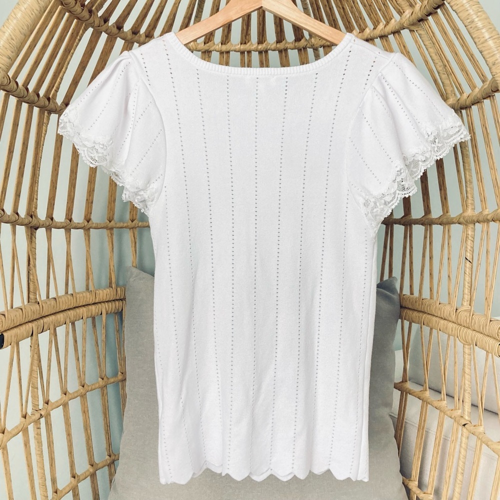 🍑A Peach White Pointelle Tee Lace Flutter Sleeve Top Scalloped Bottom Size L - Picture 2 of 6